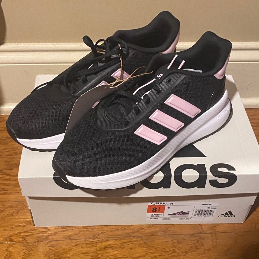 Adidas Women's Black Sneakers with Pink Stripes